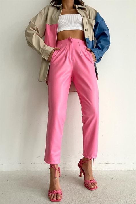 Pensli Yüksek Bel Deri Pantolon Pembe