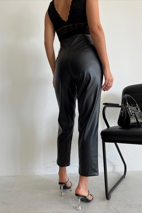 Pensli Yüksek Bel Deri Pantolon Siyah