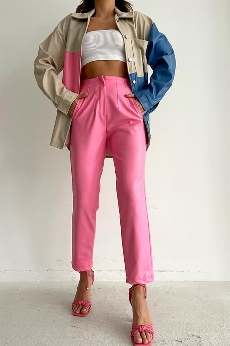 Pensli Yüksek Bel Deri Pantolon Pembe