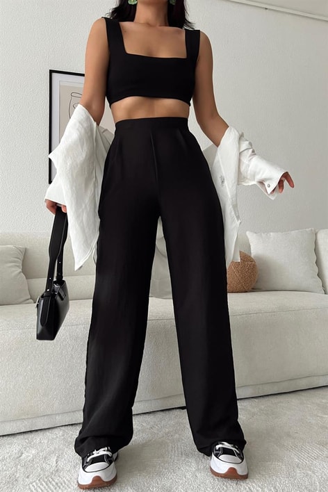 Pileli İnce Palazzo Pantolon Siyah