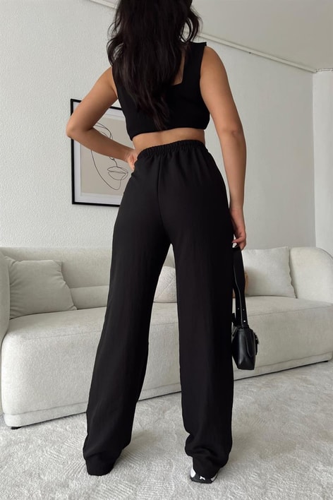 Pileli İnce Palazzo Pantolon Siyah