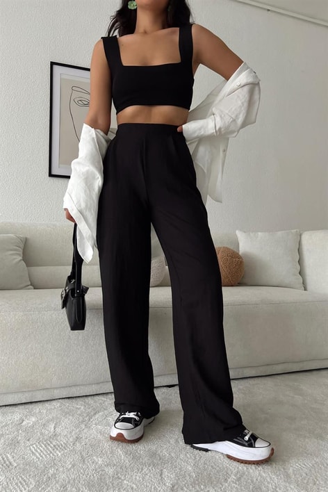 Pileli İnce Palazzo Pantolon Siyah