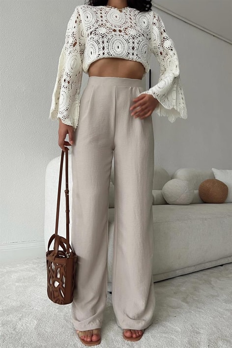 Pileli İnce Palazzo Pantolon Taş