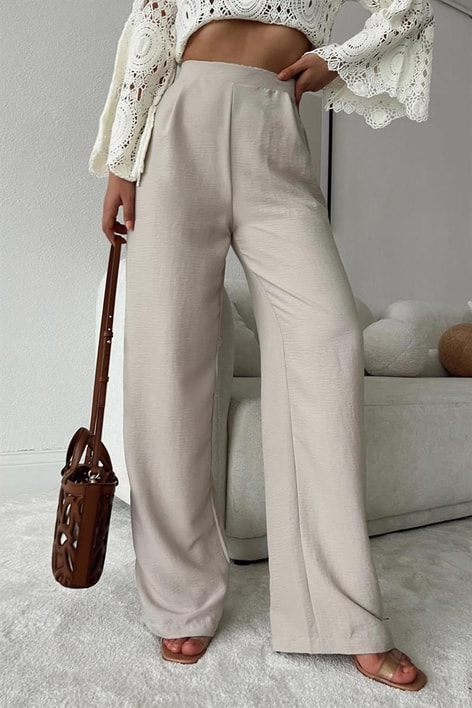 Pileli İnce Palazzo Pantolon Taş