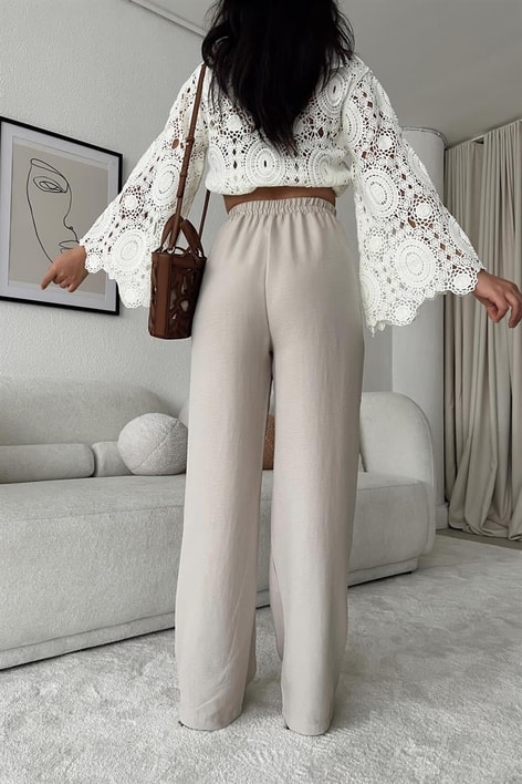 Pileli İnce Palazzo Pantolon Taş