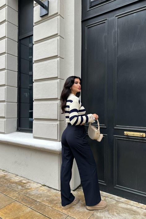 Pileli Palazzo Pantolon Koyu Lacivert