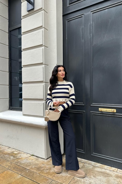 Pileli Palazzo Pantolon Koyu Lacivert