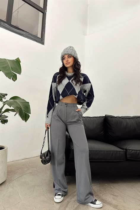 Pileli Yüksek Bel Pantolon Antrasit