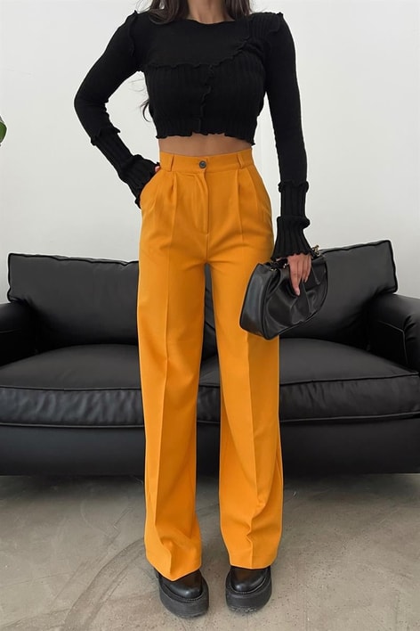 Pileli Yüksek Bel Pantolon Hardal