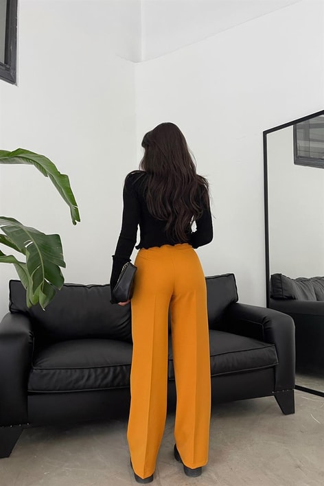 Pileli Yüksek Bel Pantolon Hardal