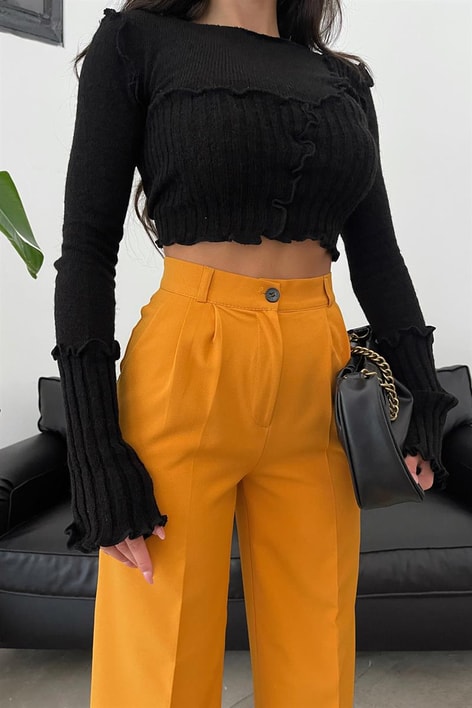 Pileli Yüksek Bel Pantolon Hardal