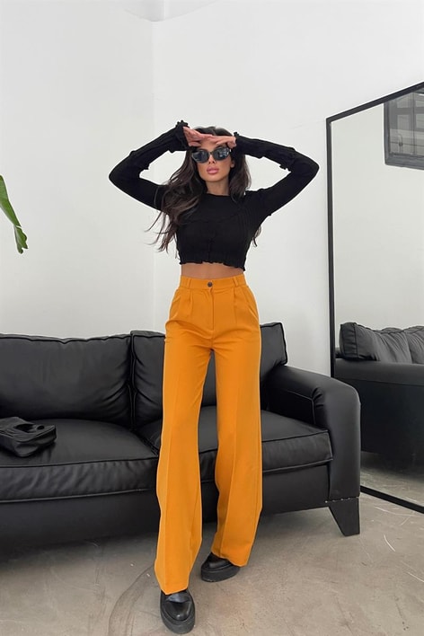 Pileli Yüksek Bel Pantolon Hardal