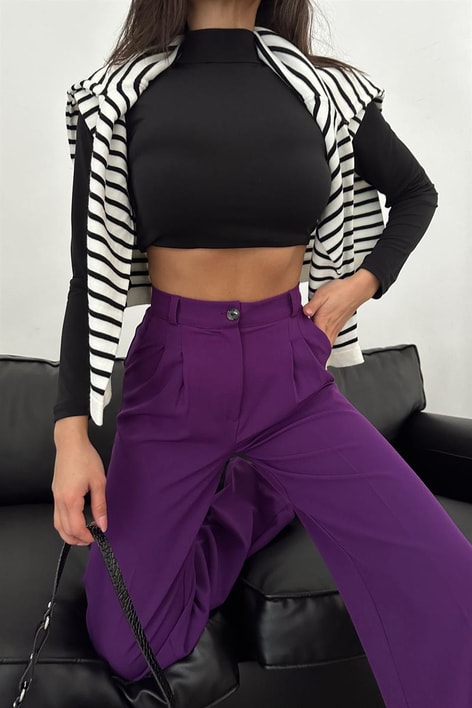 Pileli Yüksek Bel Pantolon Mor