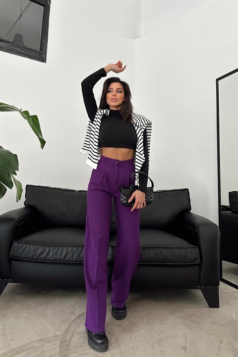Pileli Yüksek Bel Pantolon Mor