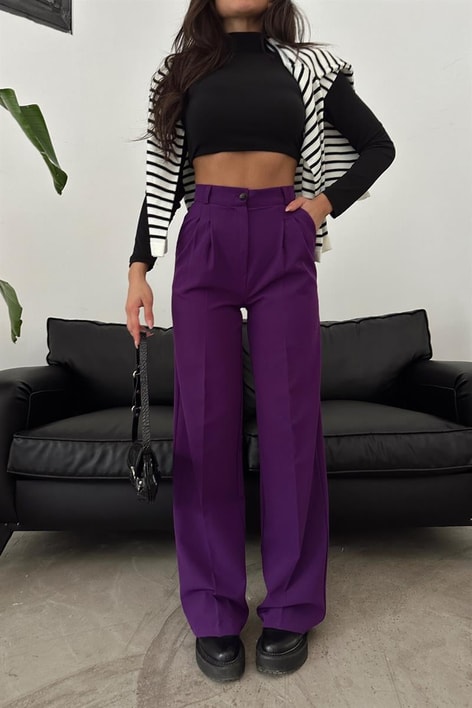 Pileli Yüksek Bel Pantolon Mor