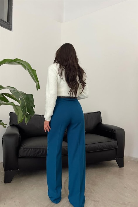 Pileli Yüksek Bel Pantolon Petrol Mavisi