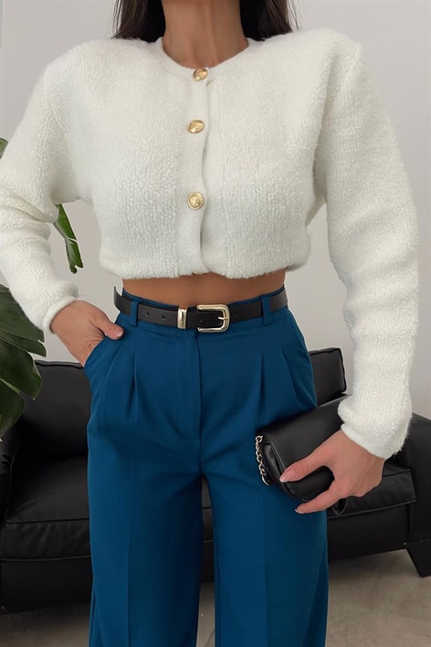 Pileli Yüksek Bel Pantolon Petrol Mavisi