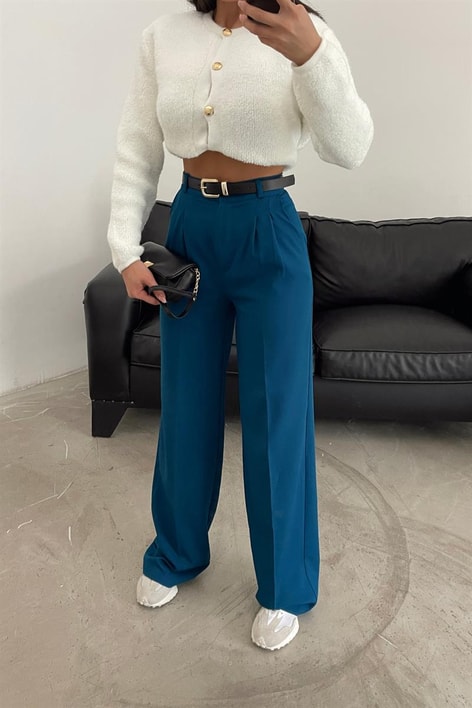 Pileli Yüksek Bel Pantolon Petrol Mavisi