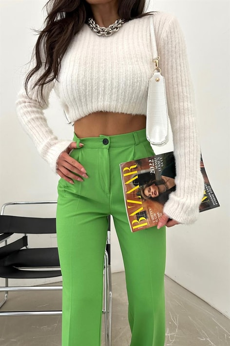Pileli Yüksek Bel Pantolon Su Yeşili