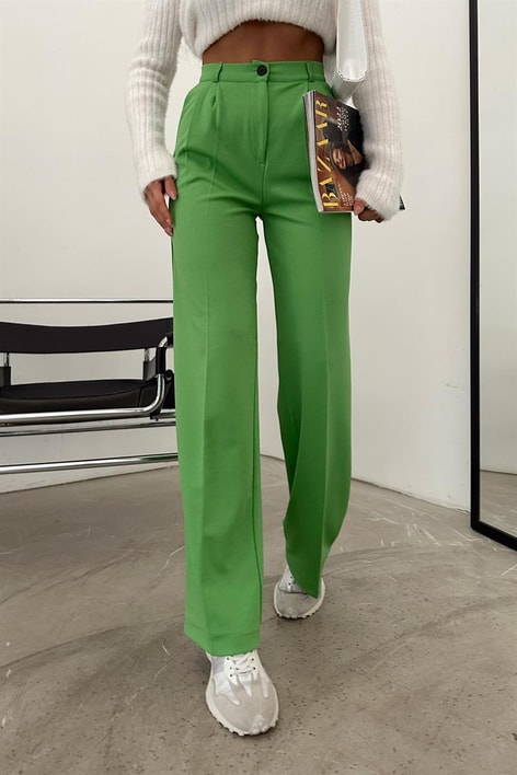 Pileli Yüksek Bel Pantolon Su Yeşili