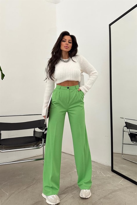 Pileli Yüksek Bel Pantolon Su Yeşili