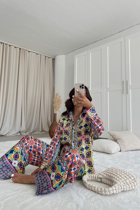 Retro Pattern Saten Pantolon Saks Mavisi