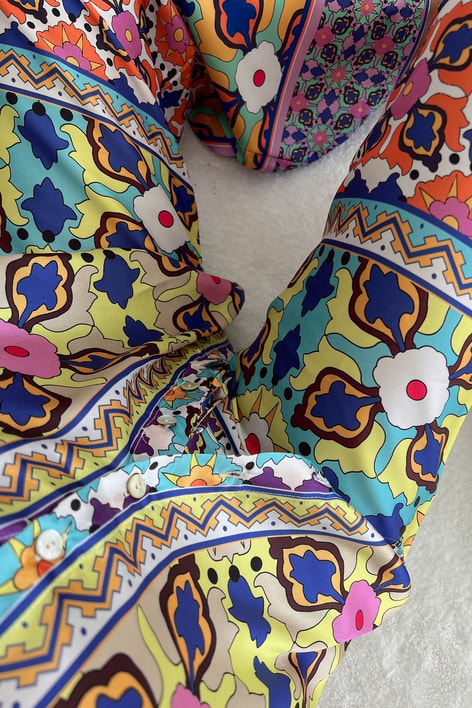 Retro Pattern Saten Pantolon Saks Mavisi