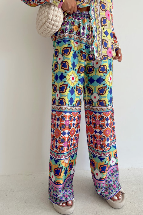 Retro Pattern Saten Pantolon Saks Mavisi