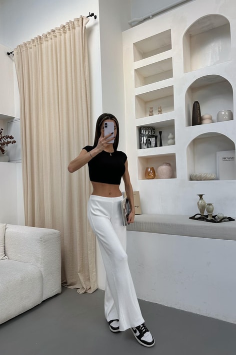 Ribanalı Basic Triko Pantolon Beyaz