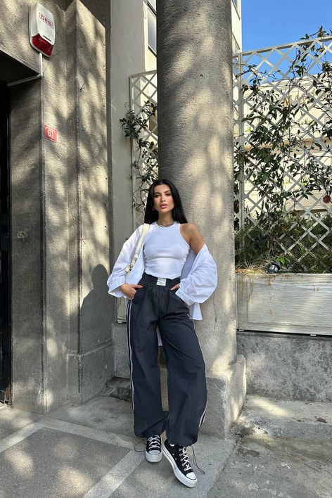 Şeritli Palazzo Pantolon Antrasit