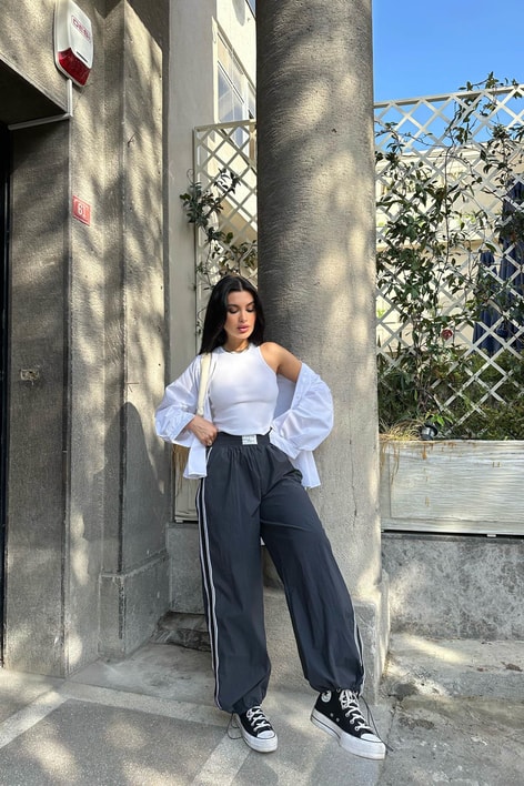 Şeritli Palazzo Pantolon Antrasit