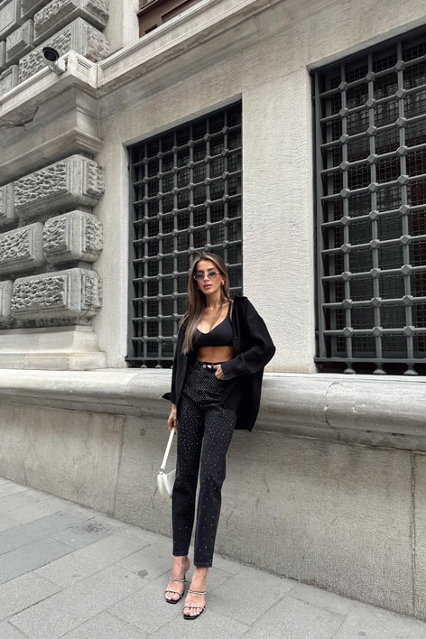 Taşlı Jean Siyah