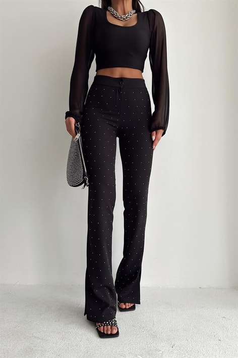 Taşlı Yırtmaçlı Detay Pantolon Siyah