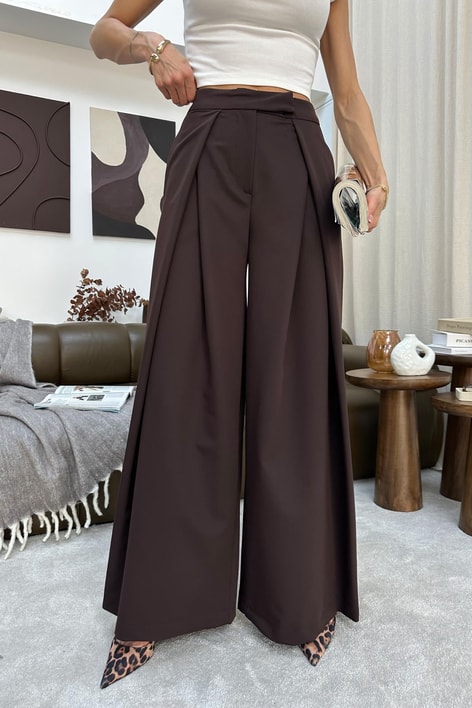 Tek Pileli Geniş Paça Pantolon Kahve
