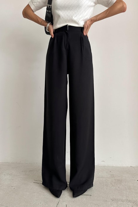 Ters Kemer Detay Palazzo Pantolon Siyah