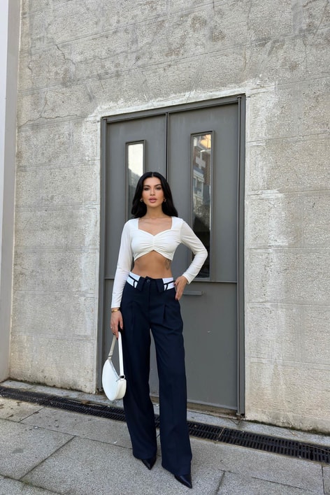 Ters Kemer Detay Palazzo Pantolon Lacivert