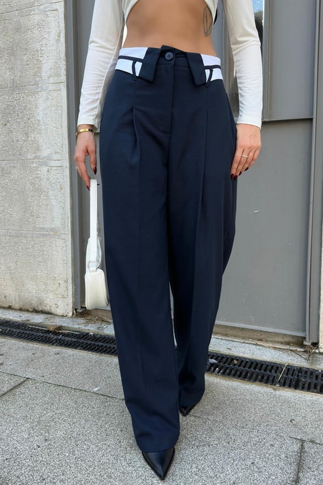 Ters Kemer Detay Palazzo Pantolon Lacivert