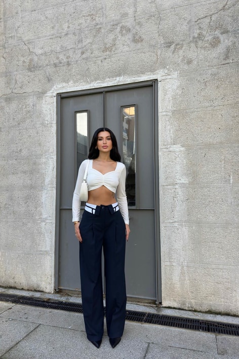 Ters Kemer Detay Palazzo Pantolon Lacivert