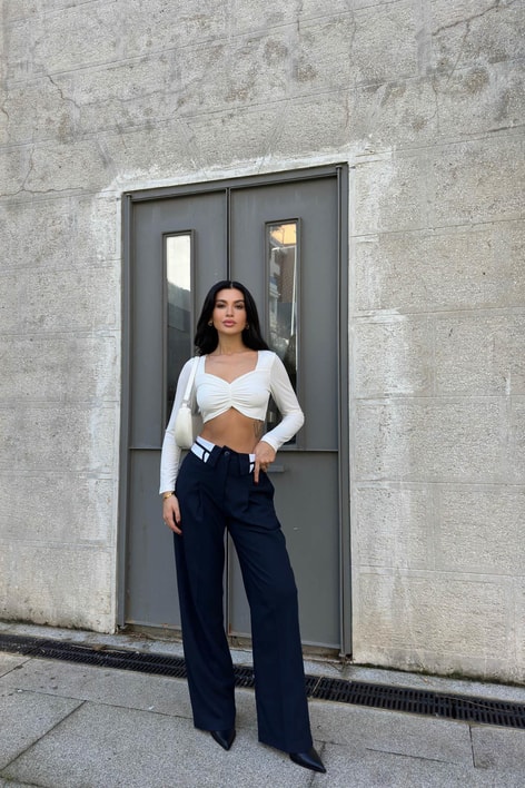 Ters Kemer Detay Palazzo Pantolon Lacivert