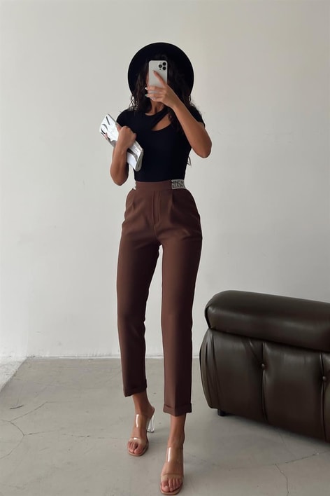 Texs Baskılı Havuç Pantolon Kahve