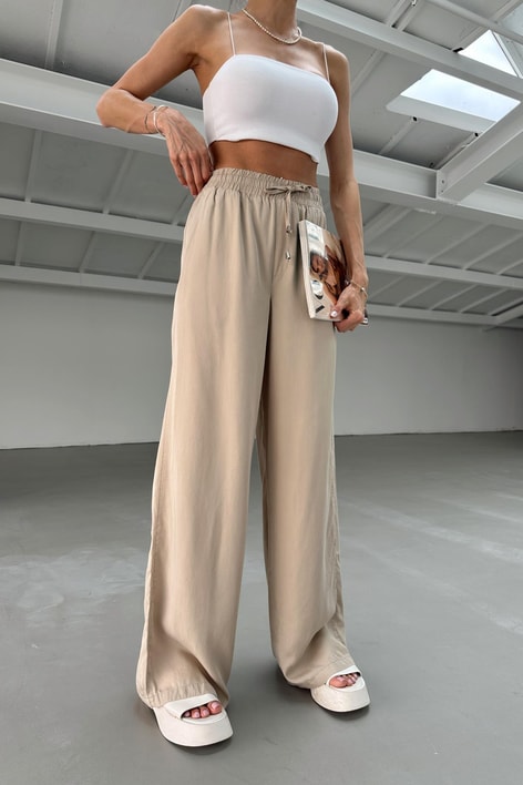 Wide Leg Tensel Kumaş Pantolon Bej