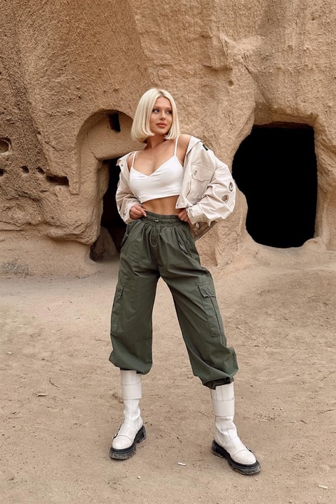 Yan Büzgülü Paraşüt Pantolon Yeşil