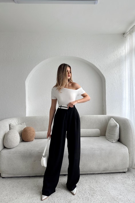 Yarım Kemer Palazzo Pantolon Siyah