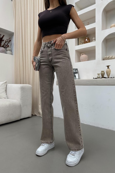 Yıkamalı Wide Leg Jean Açık Kahve