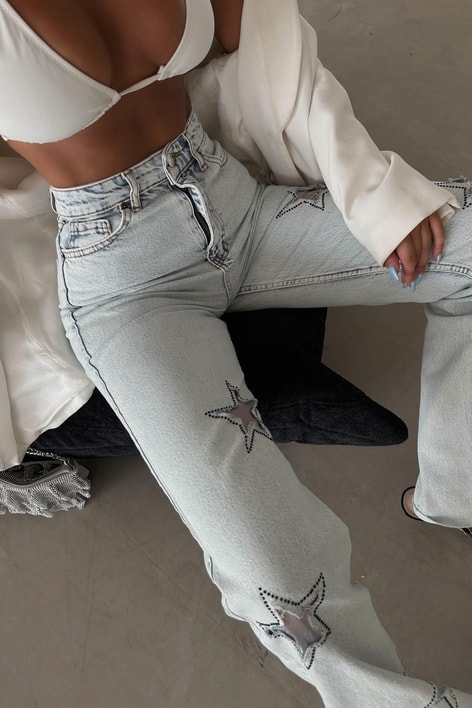 Yıldız Desenli Crop Straight Jean Buz Mavi