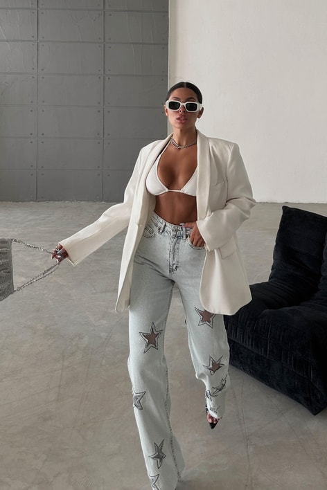 Yıldız Desenli Crop Straight Jean Buz Mavi