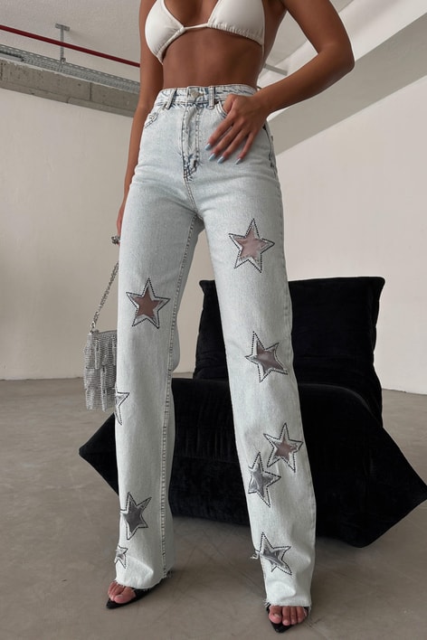Yıldız Desenli Crop Straight Jean Buz Mavi