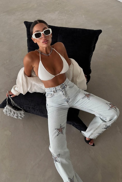Yıldız Desenli Crop Straight Jean Buz Mavi