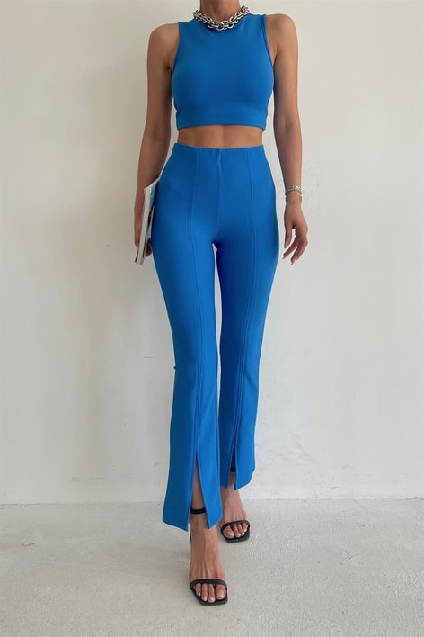 Yırtmaçlı Dikiş Detay Pantolon Saks Mavisi