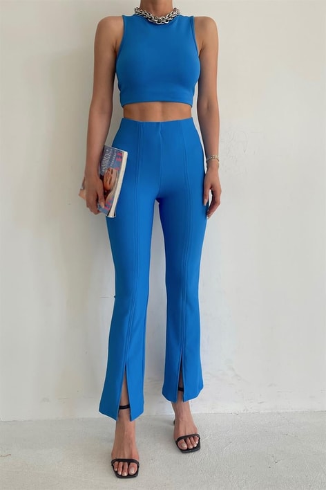 Yırtmaçlı Dikiş Detay Pantolon Saks Mavisi